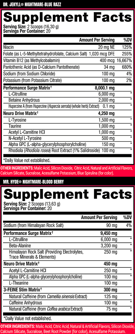 JEKYLL & HYDE Nightmare Dual Tub Blue Razz + Blood Berry = Berry Punch / 20/20 Supplement Facts